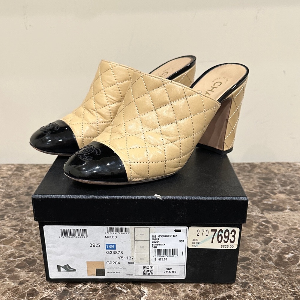 CHANEL Quilted Mules - Black and Cream